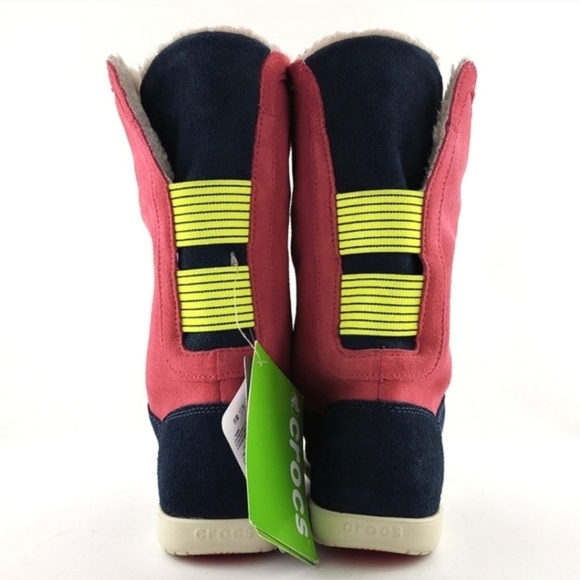 Crocs Adela Women's Foldover Fuzz  Leather Boots Pink Poppy Stucco Navy Size 6 - Picture 6 of 15